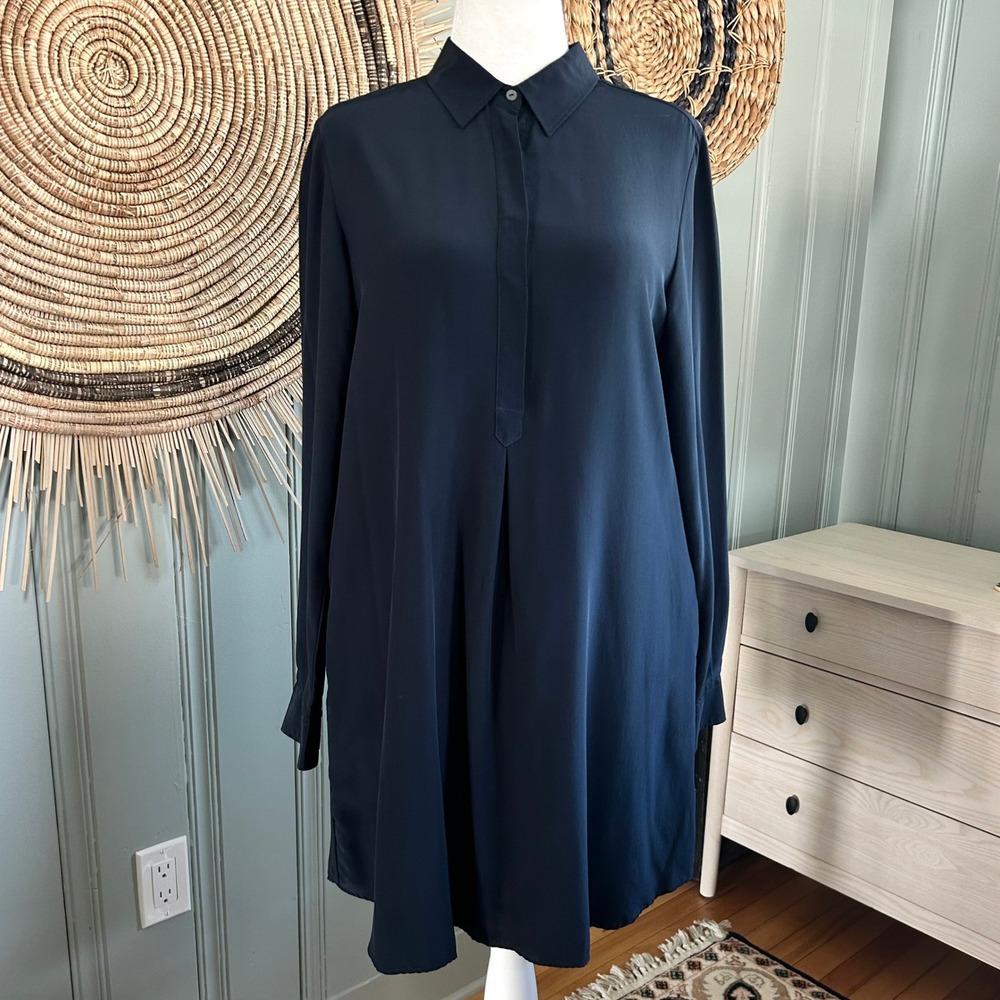 Pauw Amsterdam Navy Blue 100% Silk Long Sleeve Shirt Dress Size 3 L